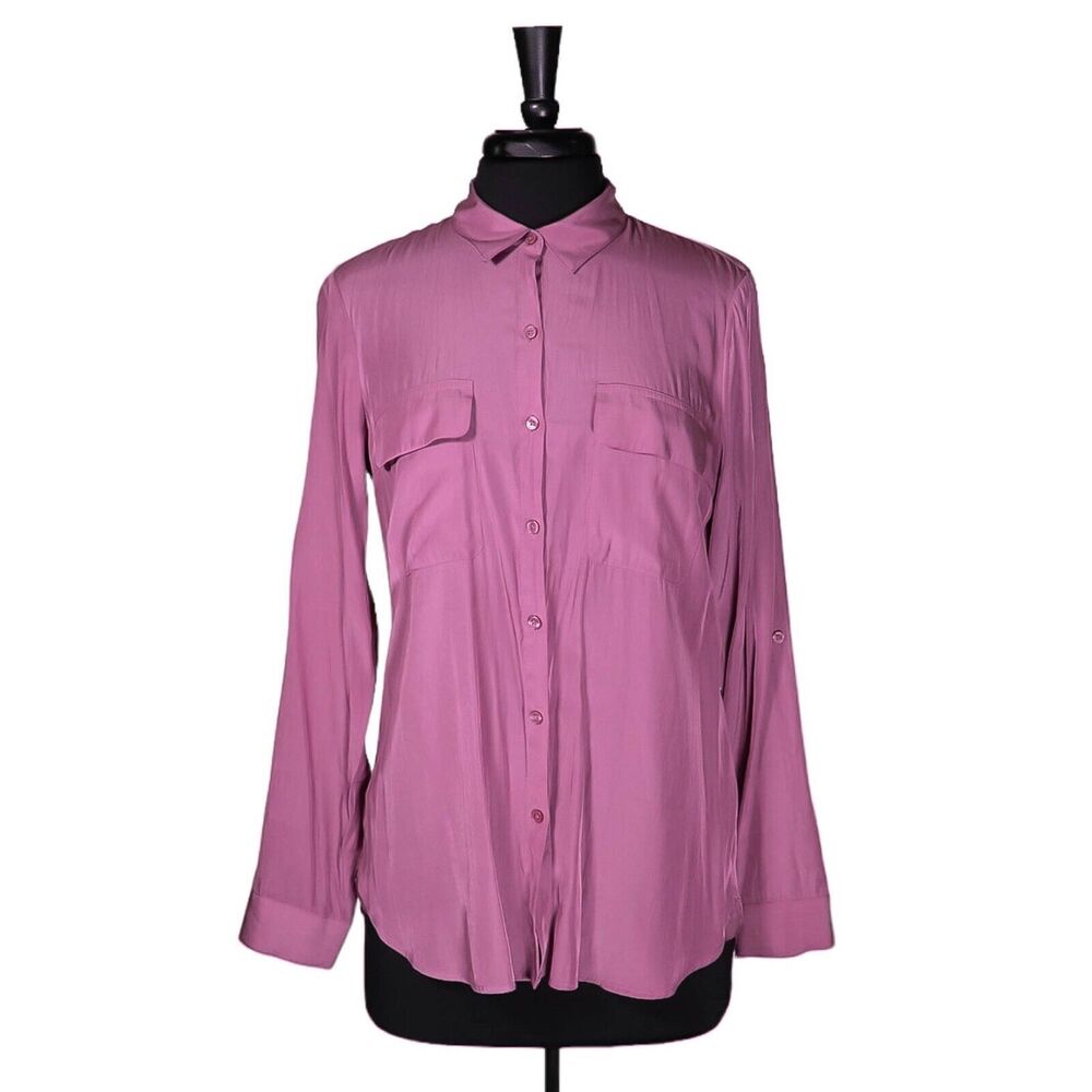 Express Women's Shirt Collared Button Up Pink Pockets Long Sleeve Blouse Top S